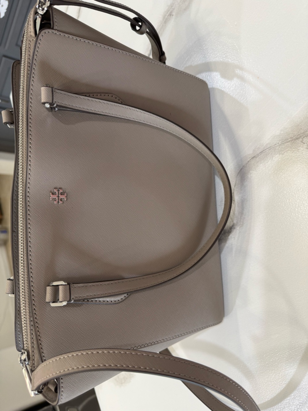 Tory Burch Gray Saffiano Leather Tote Zip Top Structured Work Bag